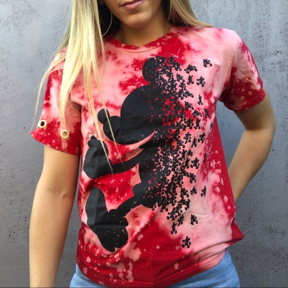 Red Mickey Mouse bleach Tee w gold eyelet sleeve - Picture 2 of 7